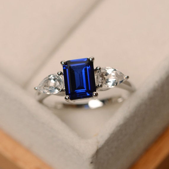 Vintage Emerald Cut Sapphire Three Stone Engagement | Etsy