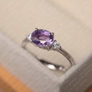 Amethyst ring, oval cut February birthstone ring, sterling silver engagement ring for women