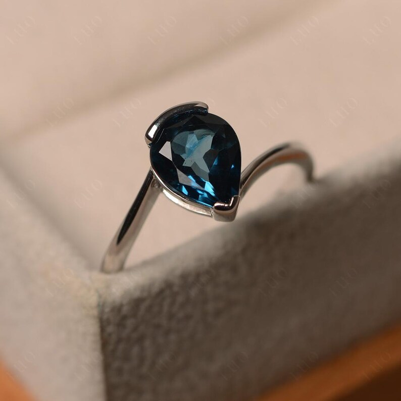 London blue topaz ring, pear cut blue gemstone, sterling silver finished with rhodium, engagement ring, solitaire ring image 2