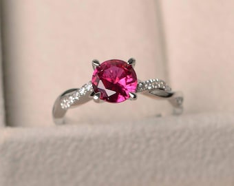 Ruby promise rings, July birthstone, round cut red stone, sterling silver, vintage wedding ring