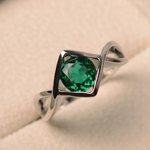 Lab emerald rings, anniversary rings, May birthstone, round cut green gemstone, solid silver rings, solitaire rings