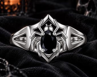 Unique Oval Cut Genuine Black Spinel Engagement Ring Spider Gothic Ring Witchy Ring, Black Stone Ring, Halloween Ring