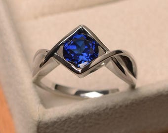 Blaue Saphirringe, Solitär-Jubiläumsringe, September Geburtsstein, Rundschliffringe, Sterlingsilberringe