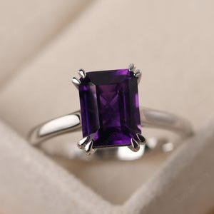 Emerald cut solitaire amethyst engagement ring ,solid sterling silver, February birthstone ring