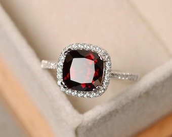 Garnet ring, cushion cut engagement ring, sterling silver, January birthstone, natural garnet