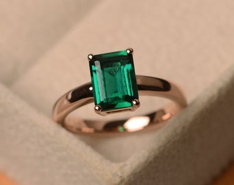 emerald ring rose gold, solitaire ring, May birthstone ring