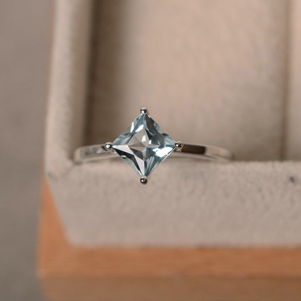 Anillo de aguamarina, talla princesa, cuadrado, plata de ley, piedra natal de marzo