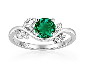Custom Round shaped emerald ring, vine ring, May birthstone ring, leaf emerald ring, chevorn engagement ring, nature inspired ring