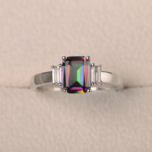 Anniversary ring, mystic topaz ring, emerald cut rainbow gemstone, three stones ring, sterling silver ring