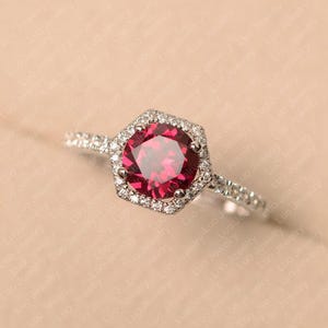 Red ruby ring, round cut, July birthstone ring, sterling silver engagement ring