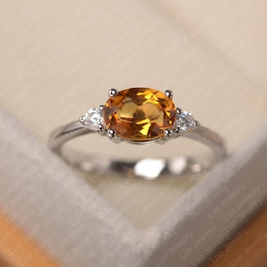 Citrine ring, oval cut November birthstone ring, sterling silver engagement ring for women