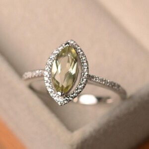 Anel de quartzo limão, pedra preciosa amarela lapidada em marquise, anel de noivado com halo em prata esterlina