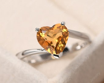 Dainty citrine statement ring, sterling silver heart shaped minimalist ring, November birthstone