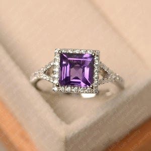 Anillo de amatista morada, piedra natal de febrero de corte cuadrado, plata de ley, anillo de compromiso para mujer