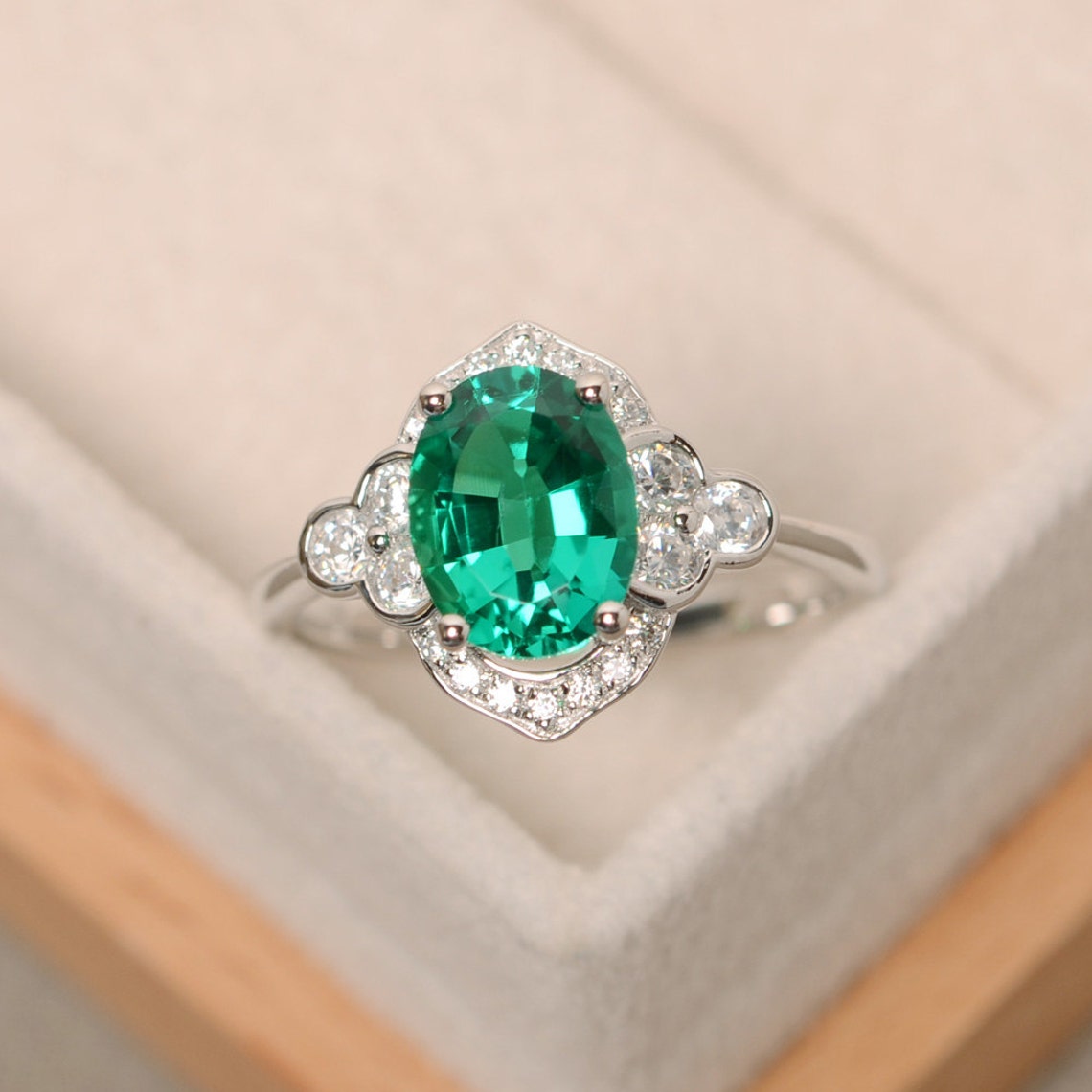 Emerald Ring Sterling Silver Oval Cut Emerald Green Etsy