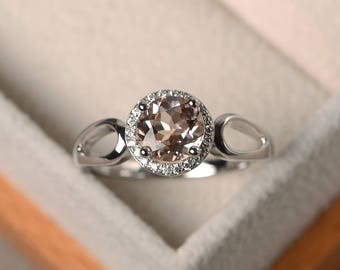 Morganite cocktail rings, natural pink morganite rings, round cut gemstone, sterling silver rings, halo rings