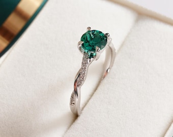 Emerald rings, anniversary rings, May birthstone, round cut green gemstone, solid silver rings, vintage rings