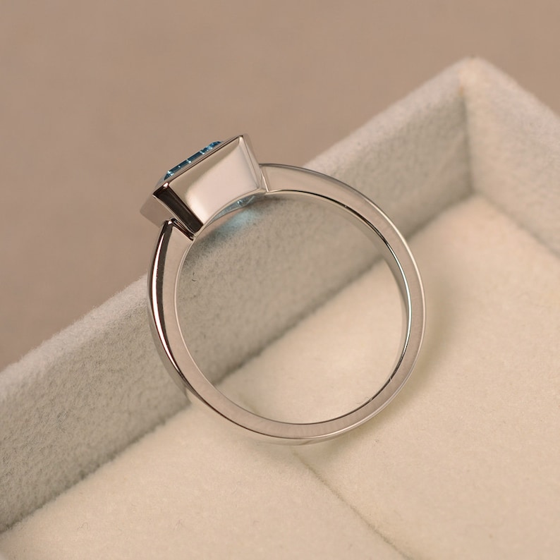 Swiss blue topaz ring anniversary ring sterling silver solitaire ring emerald cut