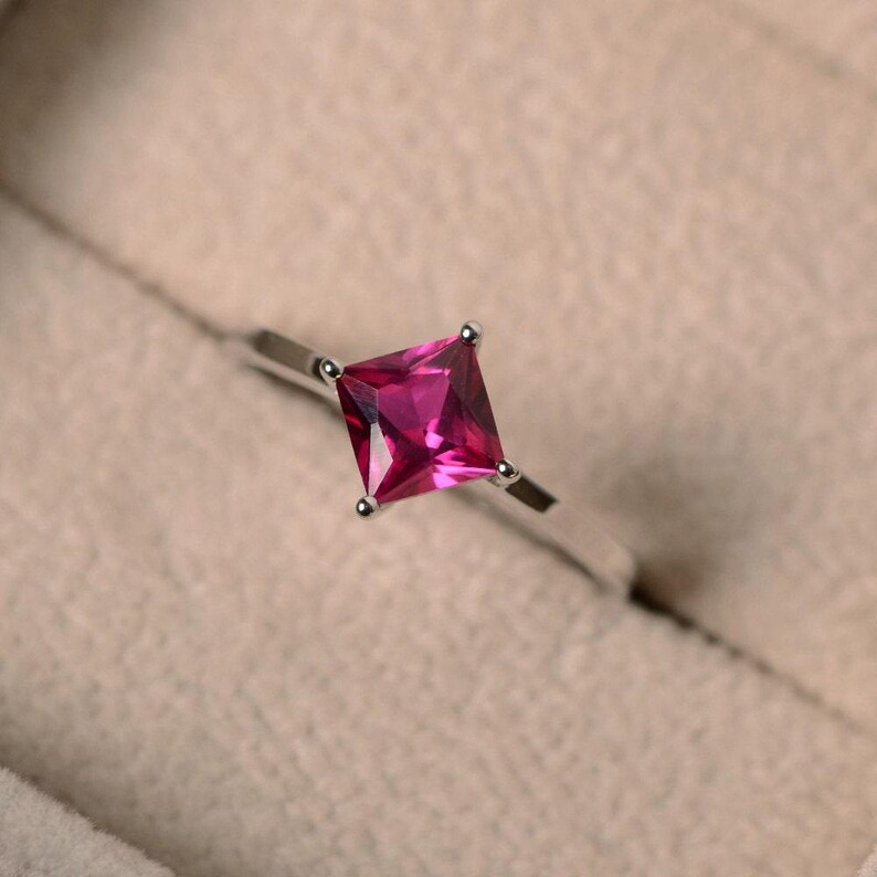 Lab ruby ring, princess cut, July birthstone, solitaire ring image 3