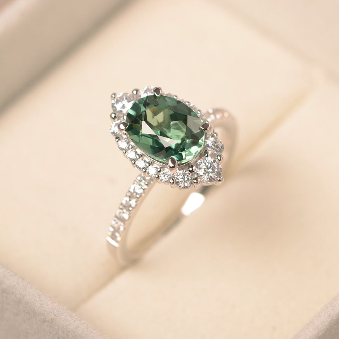 Green Sapphire Ring Sterling Silve Halo Ring Engagement Etsy — free download