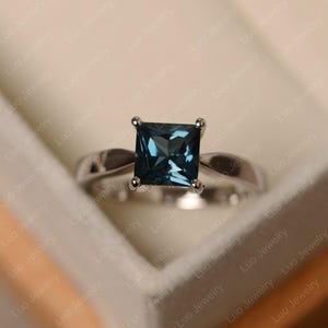 London blue topaz ring, princess cut, sterling silver, solitaire engagement ring