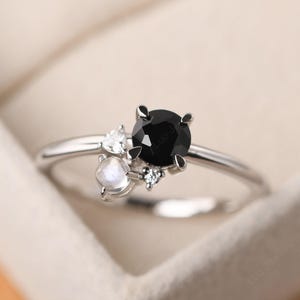Personalized black spinel statement ring with moonstone, 14k white gold,June birthstone ring