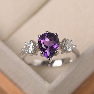 Three stone ring, amethyst promise ring, tear drop shaped, sterling silver, February birthstone