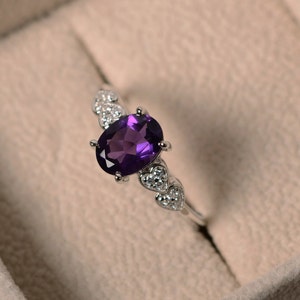Purple amethyst ring, sterling silver, February birthstone, oval cut, engagement ring