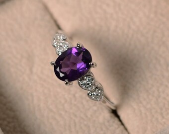 Purple amethyst ring, sterling silver, February birthstone, oval cut, engagement ring