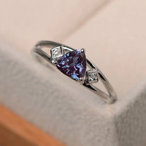 Trillion cut alexandrite ring, promise ring, color changing gemstone, June birthstone, sterling silver