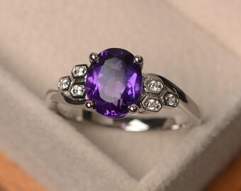 Ring paarse amethist, geboortesteen februari, ovaal geslepen, sterlingzilver, verlovingsring voor vrouwen