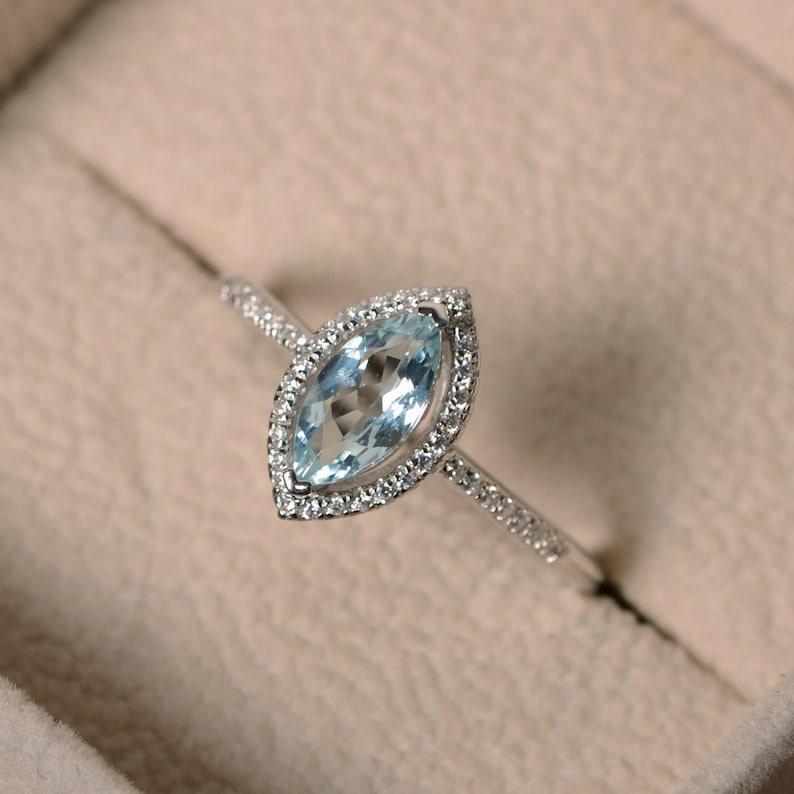March birthstone promise ring Marquise aquamarine ring silver