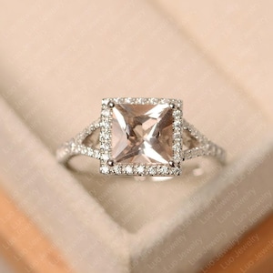 Pink morganite ring, sterling silver, halo engagement ring for women, princess cut stone ring