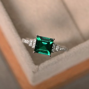 Lab created emerald ring, sterling silver, square cut engagement ring, May birthstone ring, promise ring