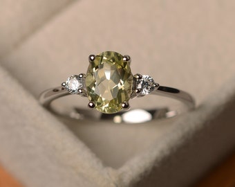 Anillo de cuarzo de limón, cristal amarillo de corte ovalado, plata de ley, anillo delicado, regalos para ella