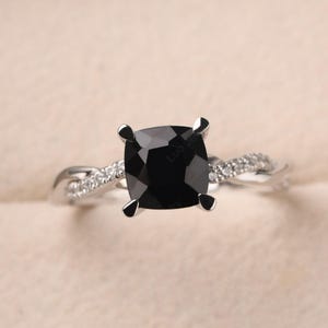 Unique black spinel ring,sterling silver cushion cut statement ring,twisted band ring