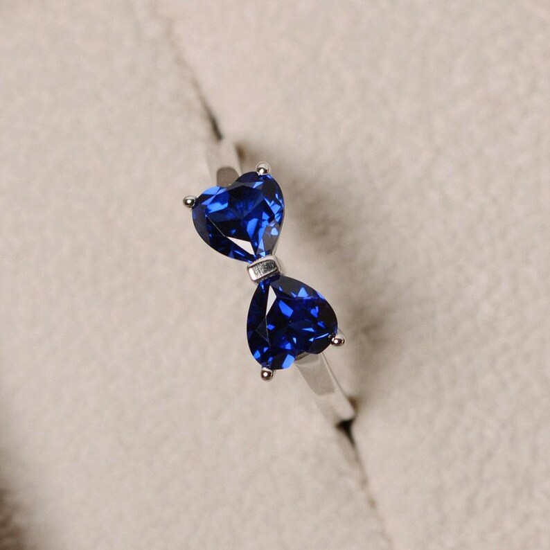 Lab sapphire ring, double stone, sapphire engagement ring, sterling silver image 4