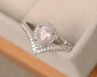 Pink quartz ring, pear cut, pink crystal
