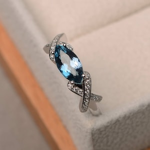 Cocktail party ring, London blue topaz ring, marquise cut blue gemstone, sterling silver ring