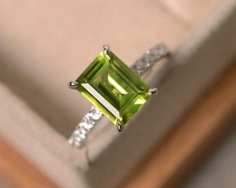 Peridot engagement ring, sterling silver, August birthstone, green gemstone, emerald cut peridot ring, engagement rings, natural peridot
