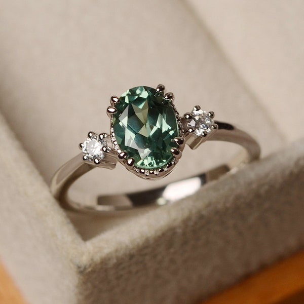 Green sapphire ring, engagement ring, oval cut