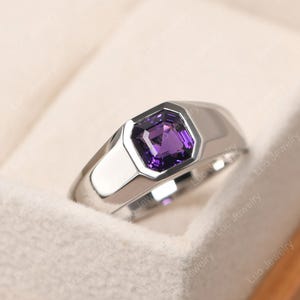 Wide band rings with stone for men, asscher cut amethyst engagement ring, February birthstone