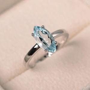 natural aquamarine ring, marquise cut gemstone, blue gemstone, solitaire ring
