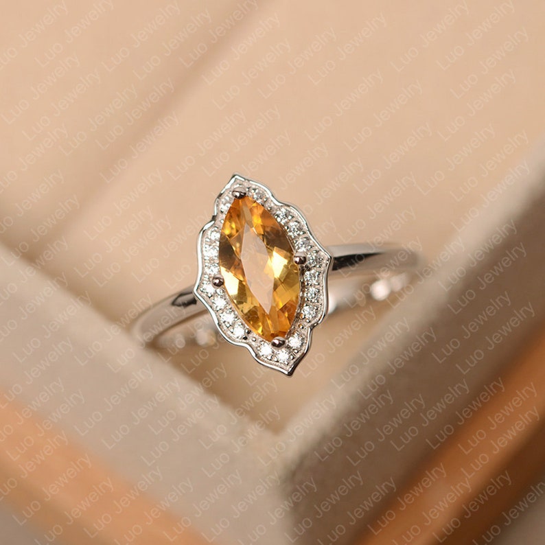 Yellow citrine ring, November birthstone, marquise cut, white go Yellow citrine ring, November birthstone, marquise cut, white go