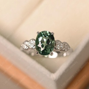 Green sapphire ring, oval cut green stone, white gold engagement ring for women