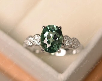 Green sapphire ring, oval cut green stone, white gold engagement ring for women