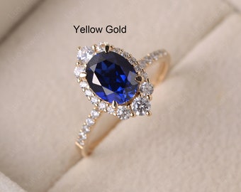 lab sapphire ring, 14K yellow gold ,oval cut halo wedding ring,September birthstone