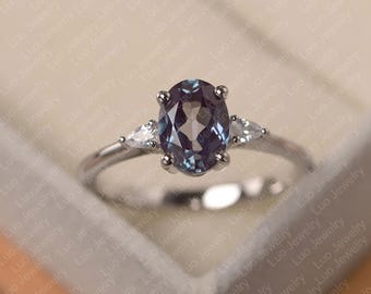 Alexandrite ring, sterling silver engagement ring, oval cut June birthstone ring