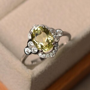 Lemon quartz ring, oval cut yellow gemstone, sterling silver ring, engagement ring