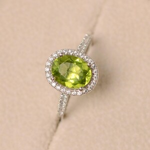 Peridot ring, halo engagement ring, natural peridot, oval cut peridot ring image 3